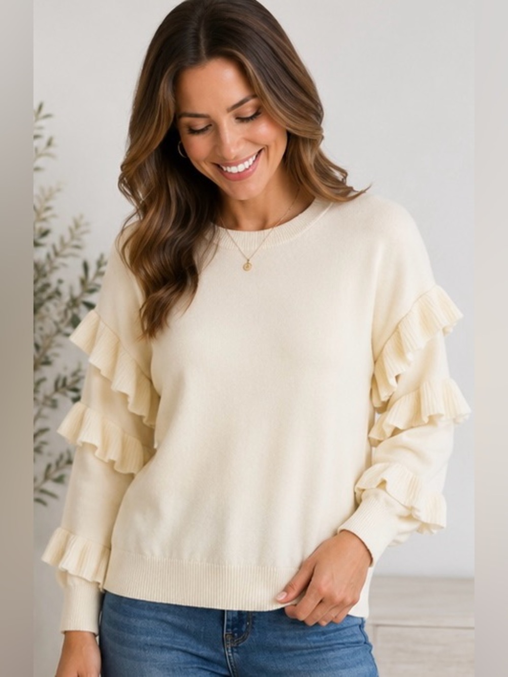 NWT J.Crew Ruffle Sleeve Wool Blend Sweater XS Ivory Cream Feminine Knit Top